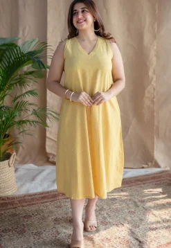 Mariam Yellow A Line Dabu Slub Cotton Dress