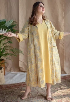 Mariam Yellow A Line Dabu Slub Cotton Dress