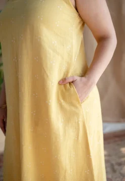 Mariam Yellow A Line Dabu Slub Cotton Dress