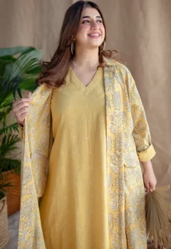 Mariam Yellow A Line Dabu Slub Cotton Dress