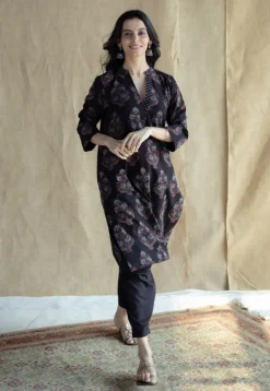 Maya Black Ajrakh Cotton Straight Kurta