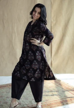 Maya Black Ajrakh Cotton Straight Kurta