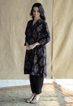 Maya Black Ajrakh Cotton Straight Kurta