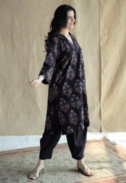 Maya Black Ajrakh Cotton Straight Kurta