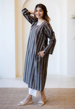 Meeta Charcoal Ajrakh Cotton Anti-Fit Kurta