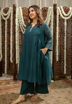 Mehar Emerald Green Chanderi Silk A Line Hand Embroidered Kurta Set (Set of 3)