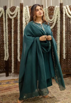 Mehar Emerald Green Chanderi Silk A Line Hand Embroidered Kurta Set (Set of 3)
