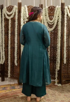 Mehar Emerald Green Chanderi Silk A Line Hand Embroidered Kurta Set (Set of 3)