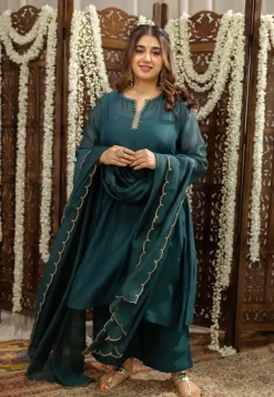 Mehar Emerald Green Chanderi Silk A Line Hand Embroidered Kurta Set (Set of 3)