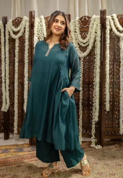 Mehar Emerald Green Chanderi Silk A Line Hand Embroidered Kurta Set (Set of 3)