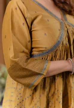 Mehek Mustard Ajrakh Chanderi Silk A Line Kurta with Hand Embroidery