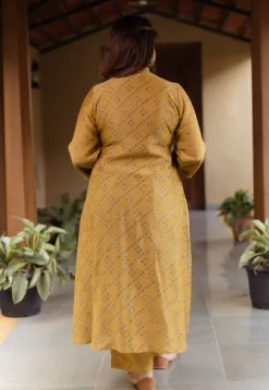Mehek Mustard Ajrakh Chanderi Silk A Line Kurta with Hand Embroidery