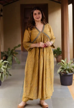 Mehek Mustard Ajrakh Chanderi Silk A Line Kurta with Hand Embroidery