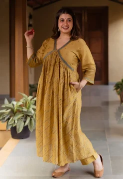 Mehek Mustard Ajrakh Chanderi Silk A Line Kurta with Hand Embroidery