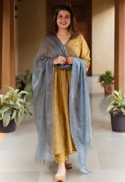 Mehek Mustard Ajrakh Chanderi Silk A Line Kurta with Hand Embroidery