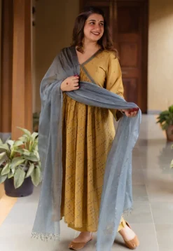 Mehek Mustard Ajrakh Chanderi Silk A Line Kurta with Hand Embroidery