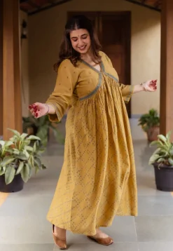 Mehek Mustard Ajrakh Chanderi Silk A Line Kurta with Hand Embroidery