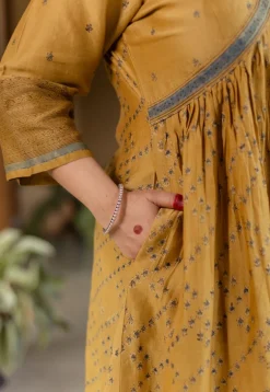 Mehek Mustard Ajrakh Chanderi Silk A Line Kurta with Hand Embroidery