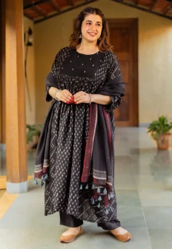 Melina Black Ajrakh Chanderi Silk Jhabba Kali Kurta with Hand Embroidery