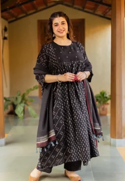 Melina Black Ajrakh Chanderi Silk Jhabba Kali Kurta with Hand Embroidery
