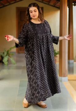 Melina Black Ajrakh Chanderi Silk Jhabba Kali Kurta with Hand Embroidery