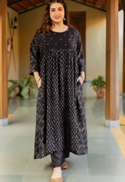 Melina Black Ajrakh Chanderi Silk Jhabba Kali Kurta with Hand Embroidery