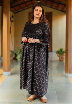 Melina Black Ajrakh Chanderi Silk Jhabba Kali Kurta with Hand Embroidery
