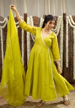 Mohini Lime Green Angrakha Chanderi Silk Gota Patti Kurta Set (Set of 3)