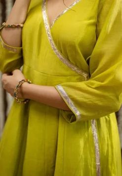 Mohini Lime Green Angrakha Chanderi Silk Gota Patti Kurta Set (Set of 3)