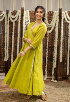 Mohini Lime Green Angrakha Chanderi Silk Gota Patti Kurta Set (Set of 3)