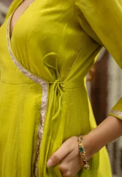 Mohini Lime Green Angrakha Chanderi Silk Gota Patti Kurta Set (Set of 3)