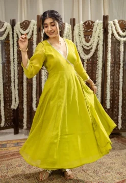 Mohini Lime Green Angrakha Chanderi Silk Gota Patti Kurta Set (Set of 3)