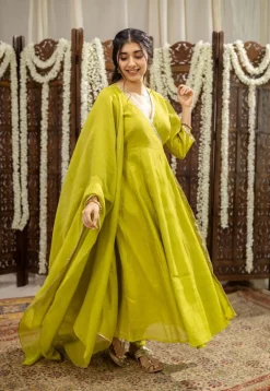 Mohini Lime Green Angrakha Chanderi Silk Gota Patti Kurta Set (Set of 3)