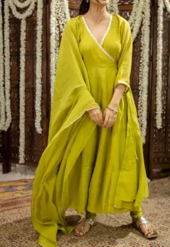 Mohini Lime Green Angrakha Chanderi Silk Gota Patti Kurta Set (Set of 3)
