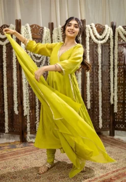 Mohini Lime Green Angrakha Chanderi Silk Gota Patti Kurta Set (Set of 3)