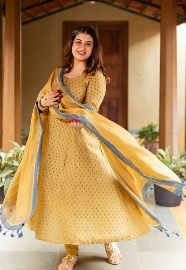 Mustard Ajrakh Chanderi Silk Dupatta with Embroidery