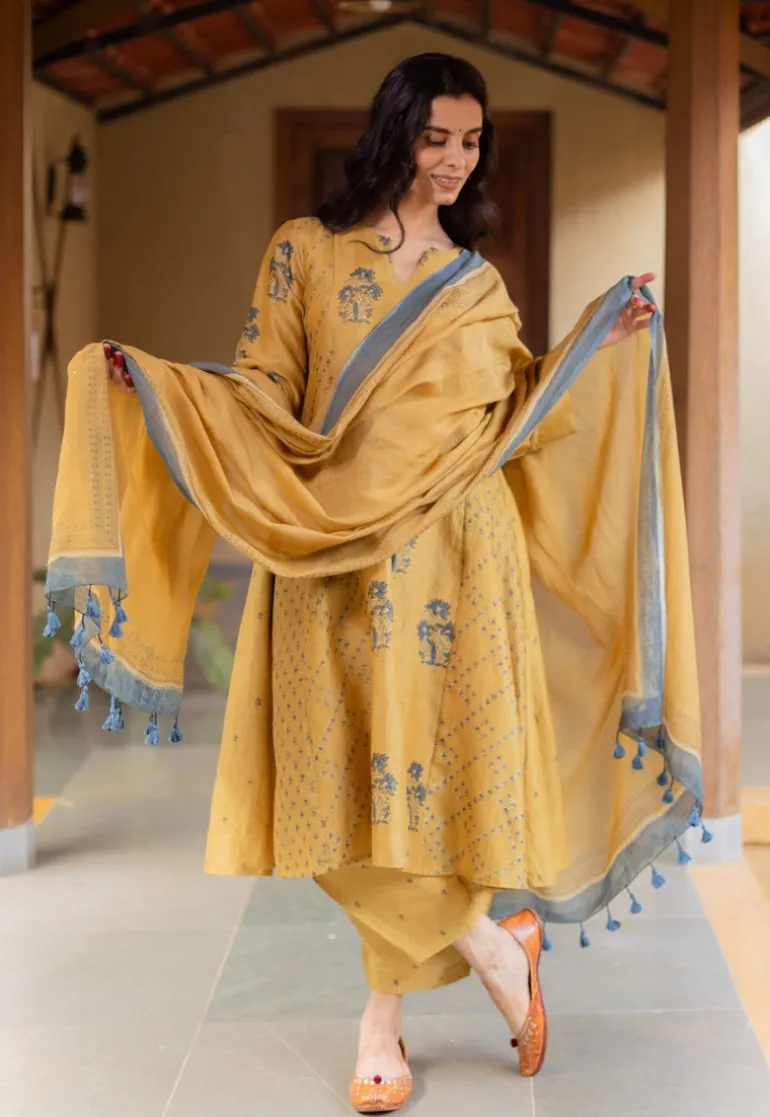 Mustard Ajrakh Chanderi Silk Dupatta with Embroidery