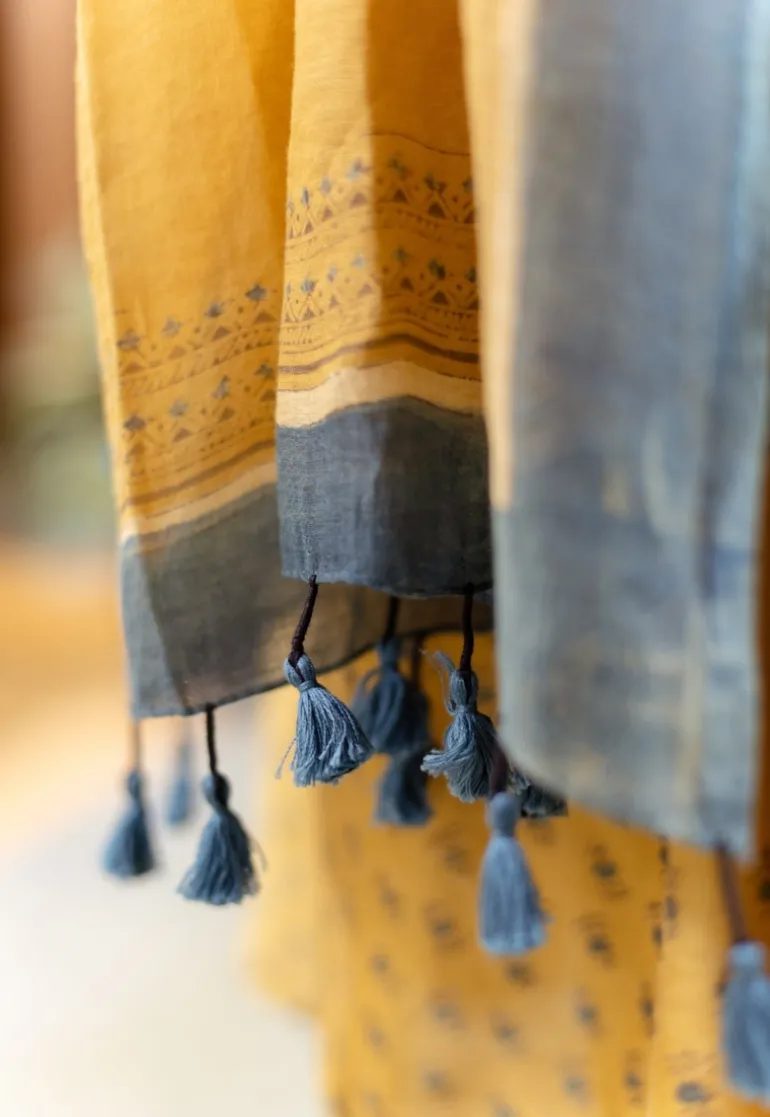 Mustard Ajrakh Chanderi Silk Dupatta with Embroidery