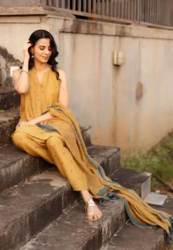Mustard Floral Line Ajrakh Chanderi Silk Dupatta