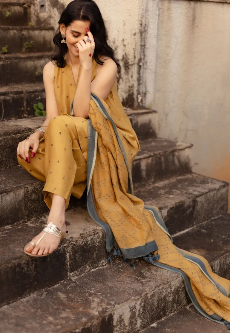 Mustard Floral Line Ajrakh Chanderi Silk Dupatta