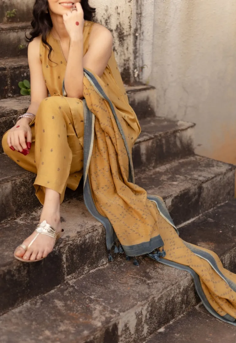 Mustard Floral Line Ajrakh Chanderi Silk Dupatta