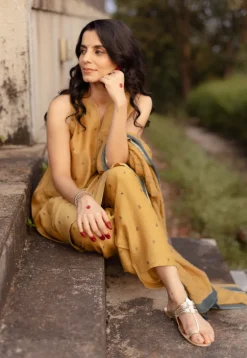 Mustard Floral Line Ajrakh Chanderi Silk Dupatta