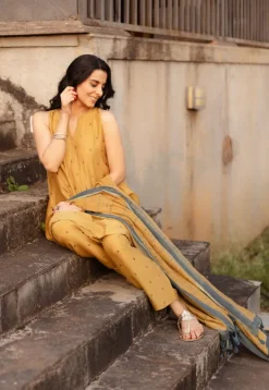 Mustard Floral Line Ajrakh Chanderi Silk Dupatta