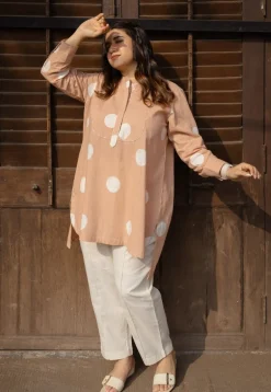Naaz Peach Hand Block Print Slub Cotton A Line Short Top with Hand Embroidery