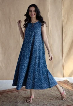 Nafrin Indigo Ajrakh Cotton A Line Dress