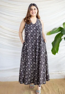 Naimat Black Ajrakh Cotton A Line Dress
