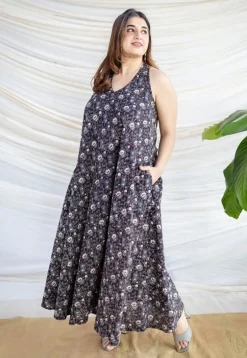 Naimat Black Ajrakh Cotton A Line Dress