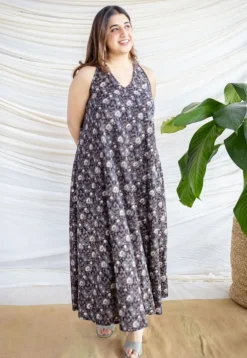 Naimat Black Ajrakh Cotton A Line Dress