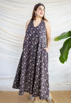 Naimat Black Ajrakh Cotton A Line Dress