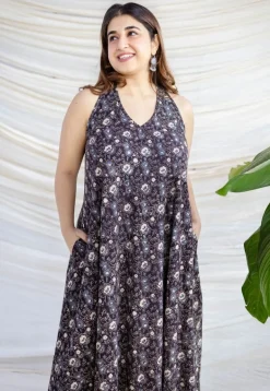 Naimat Black Ajrakh Cotton A Line Dress